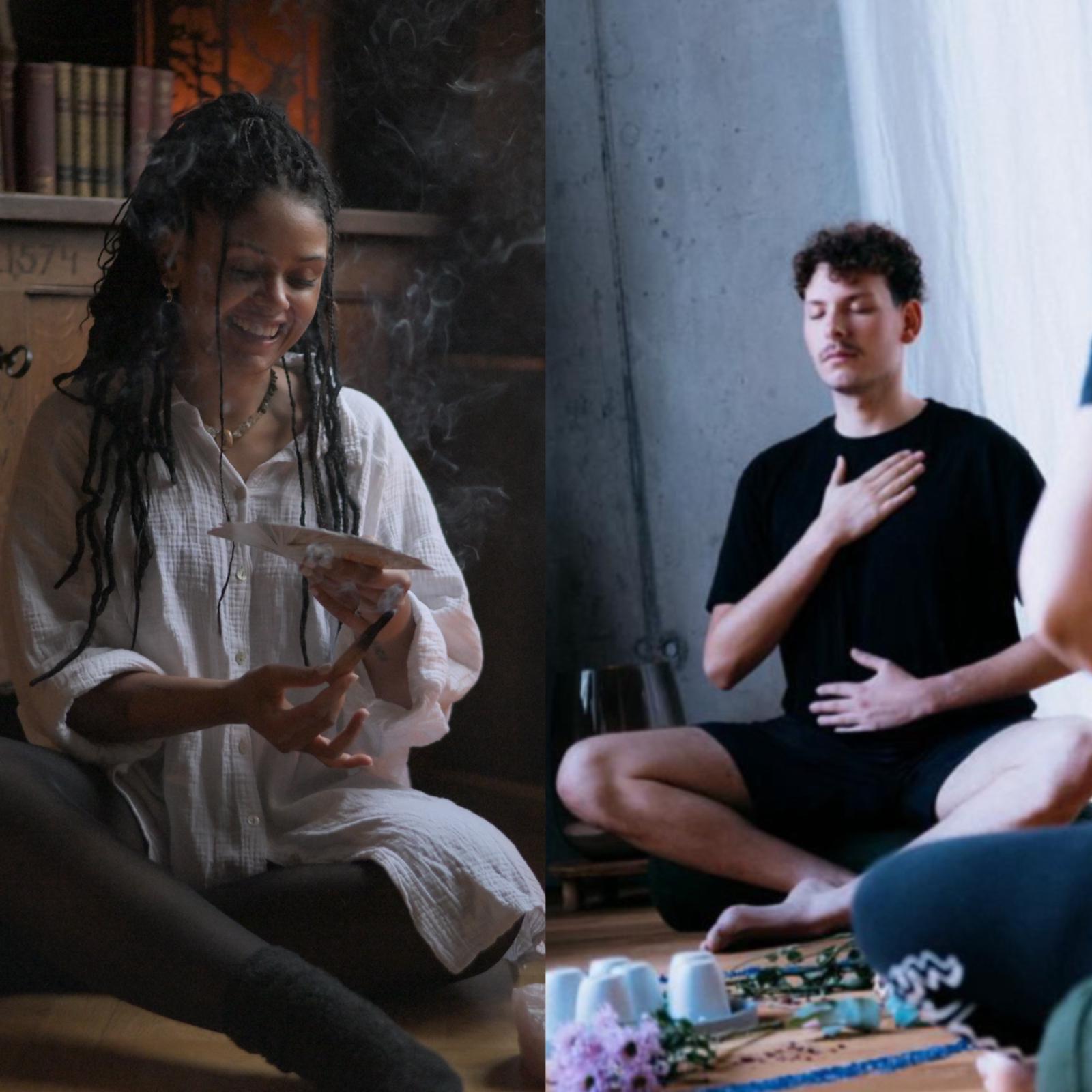 Woman with braids burning sage, sitting cross-legged, performing a ritual.
